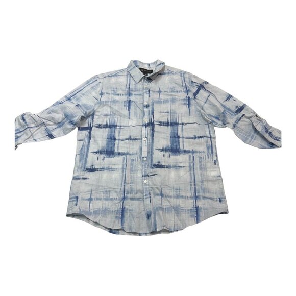 INC International Concepts Top Womens M Blue Linen Blend Roll Tab Sleeve‎ Button - Picture 1 of 7